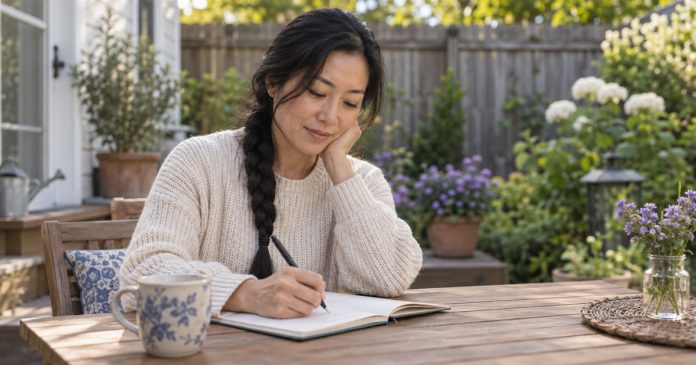 3189 Intuition and relationship reflection Woman writing a reflection note at a backyard table