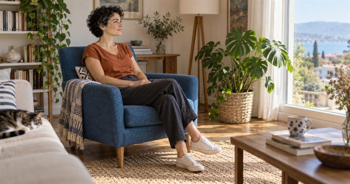 3192 Chakra Reflection Home Cover An adult seated comfortably in a blue chair beside a sunny living-room window.