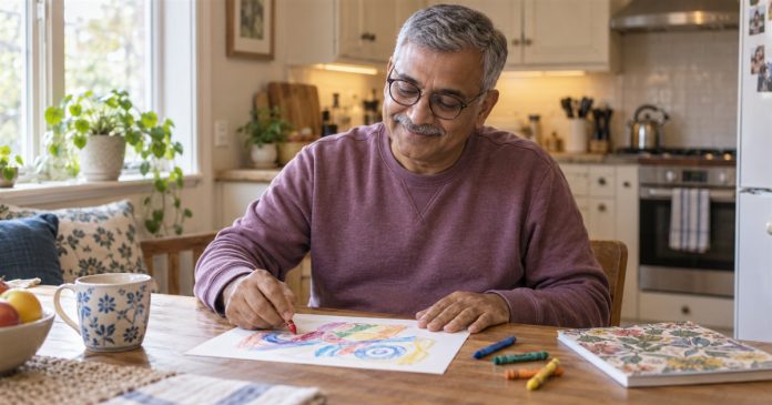 An adult drawing with colorful crayons at a kitchen table.