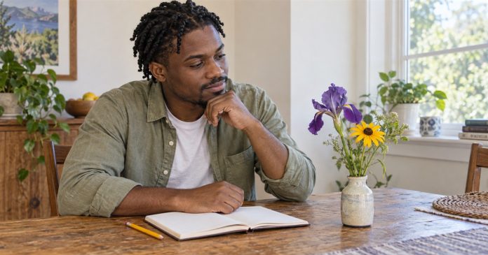 3227 eight exercises horizontal cover Man observing purple and yellow flowers beside an open notebook at a home table