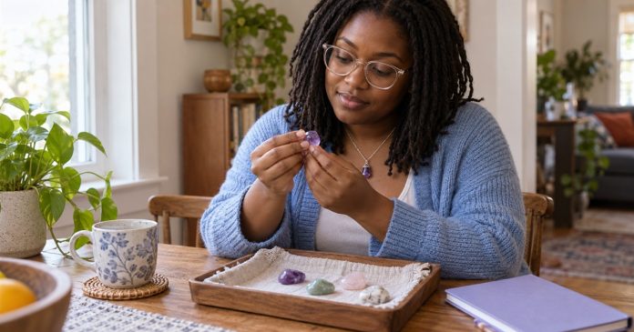 Woman examining a purple stone beside a small gemstone tray at home