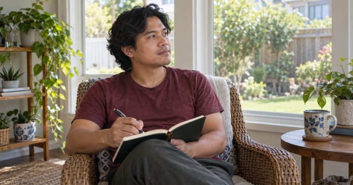 3258 Reflective Pause at Home A man holding a notebook while taking a reflective pause in a home sunroom