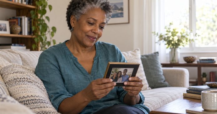 A woman looking at a framed family photograph in her living room