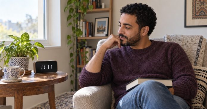Man seated at home beside a digital clock showing 11:11