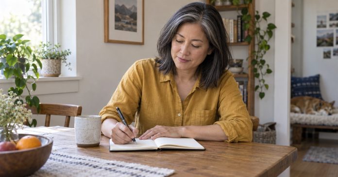 Woman writing in a notebook at a home breakfast table