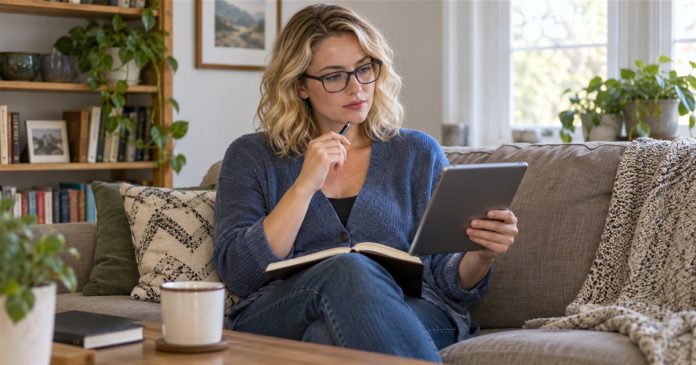 Woman reviewing a tablet and notebook on a home sofa