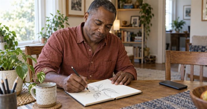 Psychic Death Creative Break Cover Man sketching a houseplant at a home table with his phone set aside