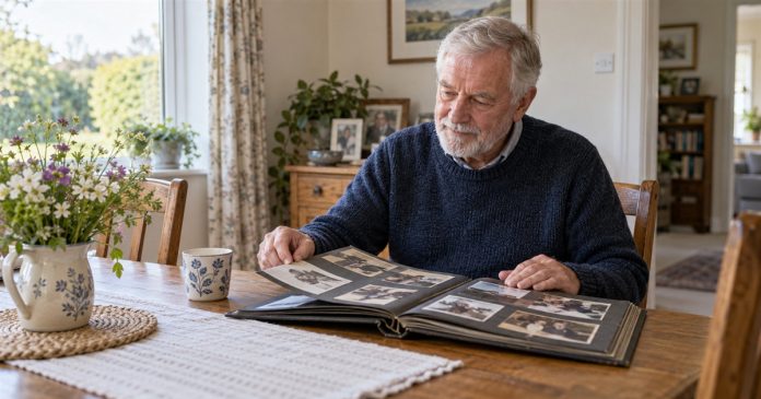 Man looking through a family photo album at a home dining table