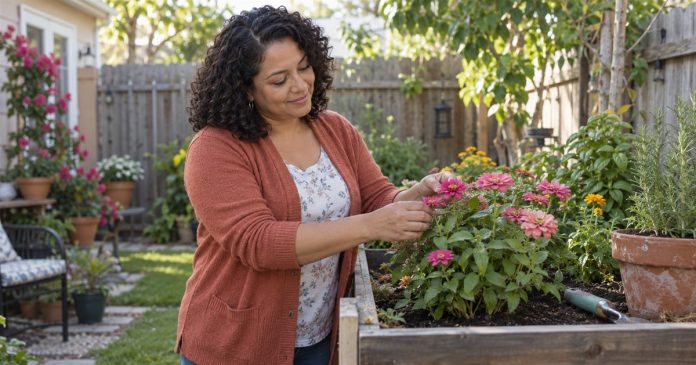 Woman gently tending flowers in a raised garden bed at home