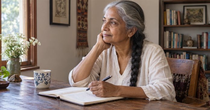 Woman considering a notebook at a home desk in daylight