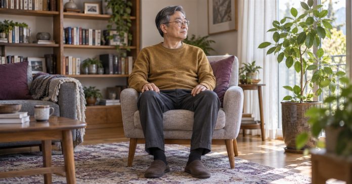 3316 Comfortable chair meditation cover Man sitting comfortably with eyes open in a supportive chair beside a home window