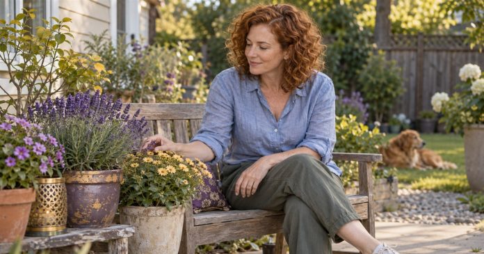3319 Yard pause wellbeing cover Woman taking a quiet pause on a backyard bench beside flowering pots