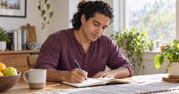 3325 Everyday decision notebook A man in a plum shirt writes in a notebook at a sunlit home table