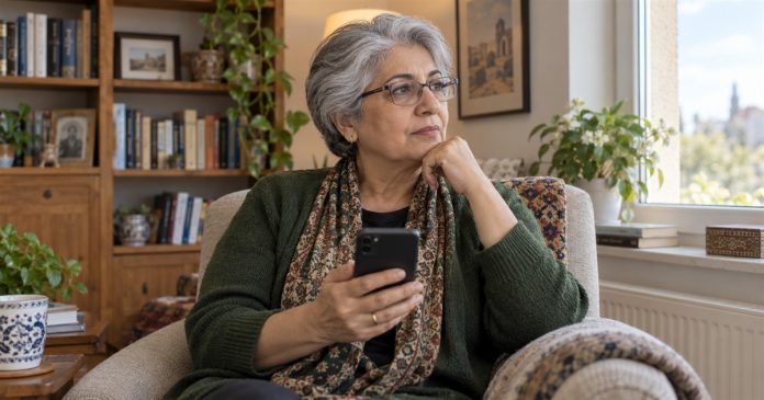 An older woman in a green cardigan pauses thoughtfully with her phone in a sunlit home sitting room