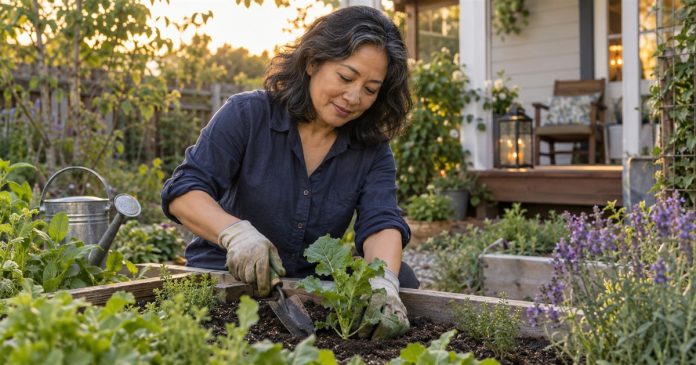 A manageable garden task with purpose An adult woman tending a leafy plant in a small backyard raised garden bed.