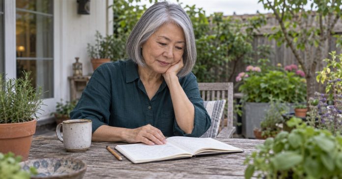 3344 Patio reflection cover Older woman reflecting over a notebook at a backyard patio table