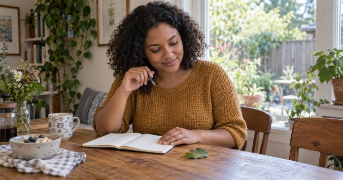 Woman reflecting with a notebook and a leaf at a sunlit home table