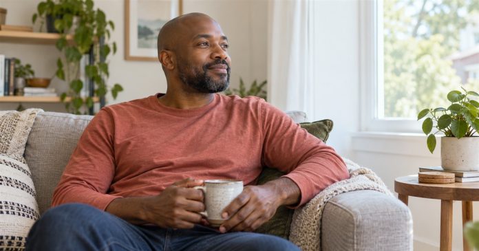 Quiet downtime in a home living room Man holding a mug while resting on a sofa at home