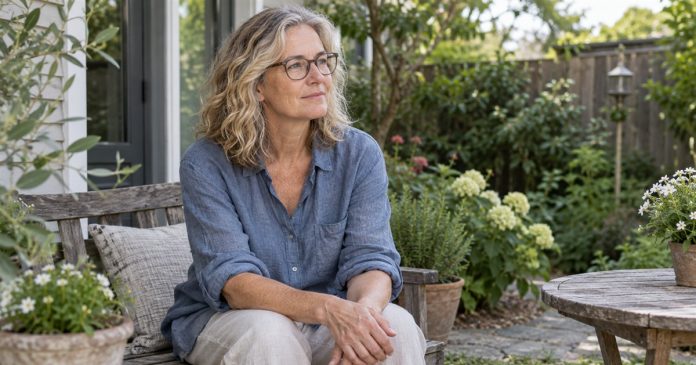 Woman sitting quietly on a bench in a home garden