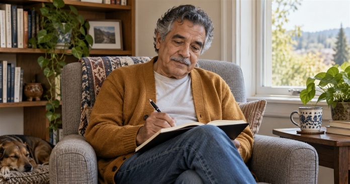 Personal reflection in a home reading nook Older man writing in a notebook in an armchair at home