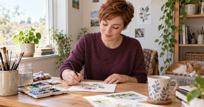 Woman enjoying watercolor painting at a desk in her home