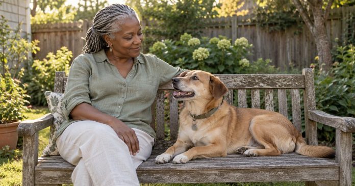 Pet companionship in a home garden Woman sitting beside her relaxed tan dog on a garden bench