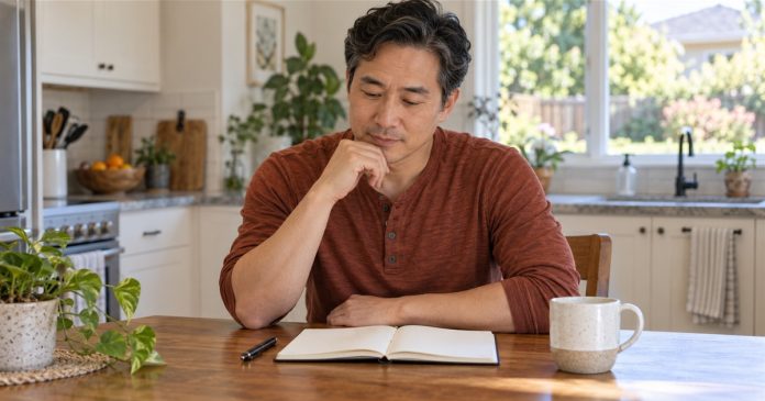 A man seated at a kitchen table considering a notebook in afternoon light