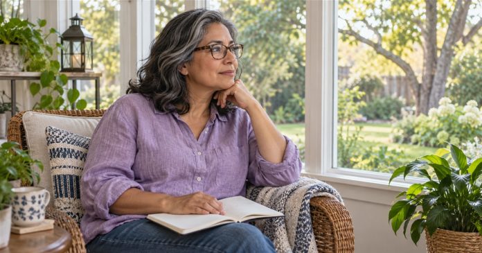 A woman sitting with a notebook in a sunroom and looking into a leafy yard