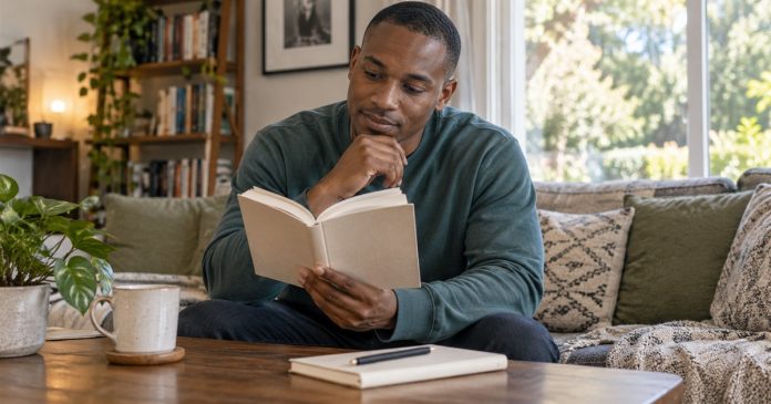 Psychic Powers Vocabulary — Home Learning Cover A man reading a book on a sofa beside a notebook in a sunlit living room