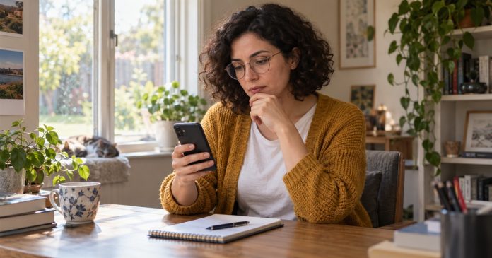 A woman reviewing her smartphone beside a notebook in a sunlit home study