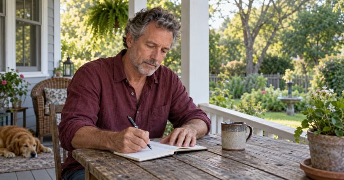 Higher Self — Porch Reflection Cover An older man writing in a notebook at a porch table overlooking a garden