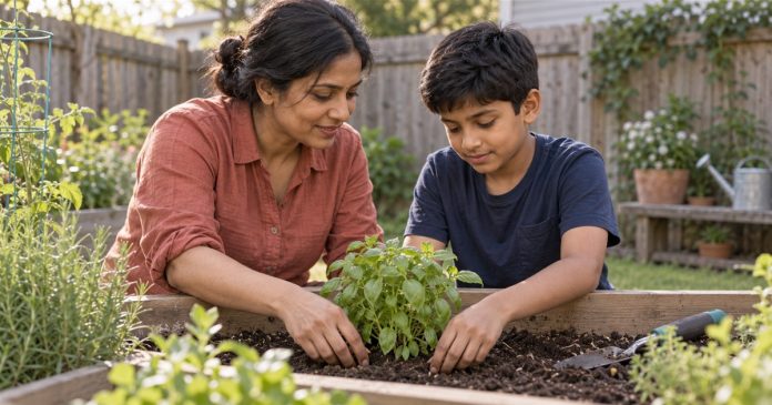 Family tending a backyard herb planter A mother and her son tend a leafy herb plant in a backyard raised planter.