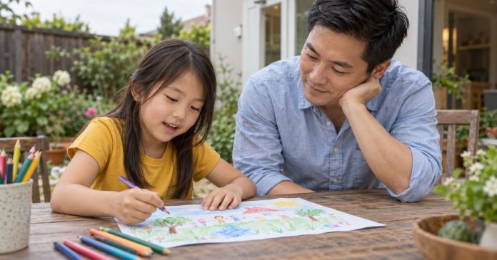 A father listens as his daughter draws with colored pencils at a backyard table.