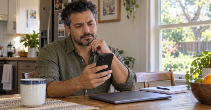 Avoiding psychic scams: check before responding Man thoughtfully checking a smartphone message at his home kitchen table
