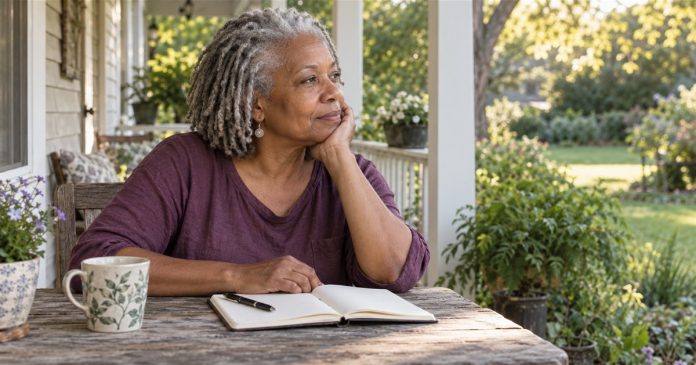 Woman pausing beside an open journal on a home porch overlooking her yard