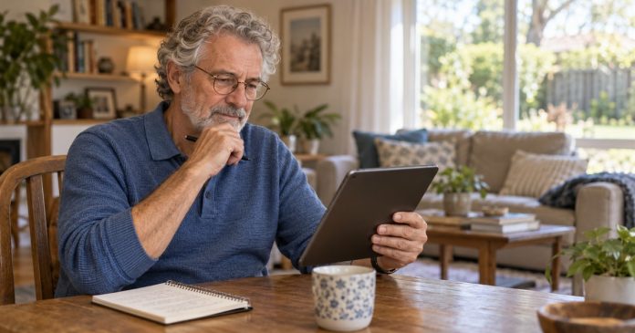 Online service trust tablet cover An older man thoughtfully checking a tablet at a table in his home