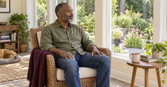 A man seated in a sunroom looking toward his garden