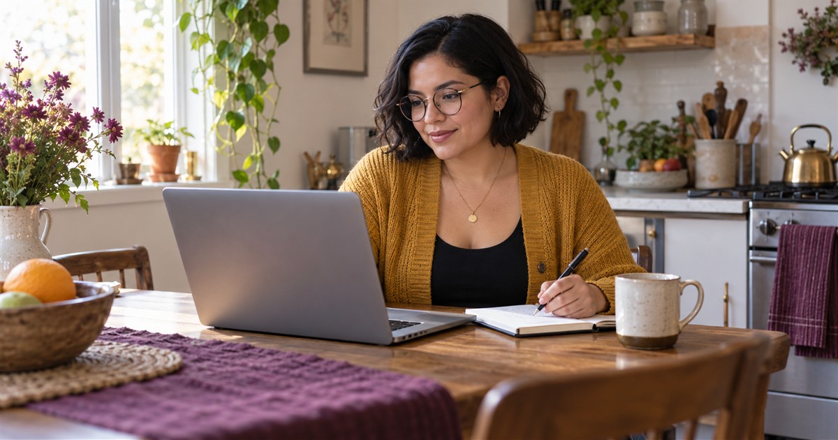 A woman taking notes while looking at a laptop in her home kitchen
