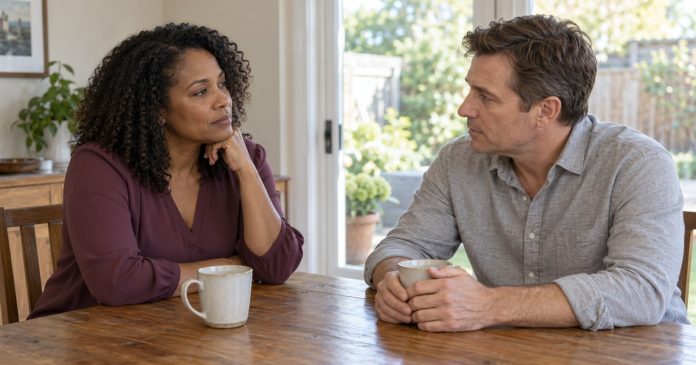 Two adults having a quiet conversation at a home dining table