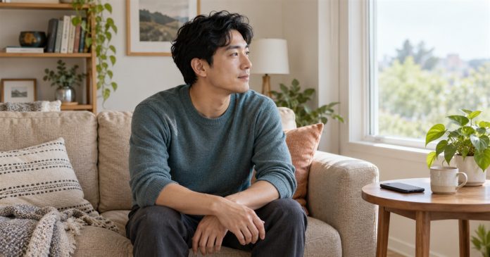 Man taking a quiet break at home with his phone set aside