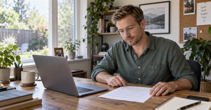 Man reviewing a paper checklist beside a laptop in a home office