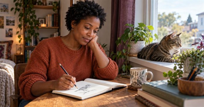 Woman sketching a bird in a notebook at home while a tabby cat rests on the window sill.