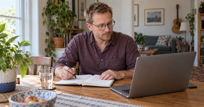 Cold reading — reviewing the original claim Man comparing notes in a notebook with a laptop at his home dining table.