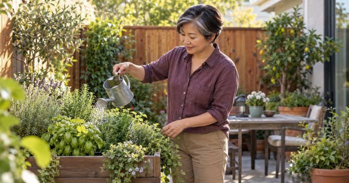 Earth angels purpose garden cover A woman watering herbs in a planter on her home patio