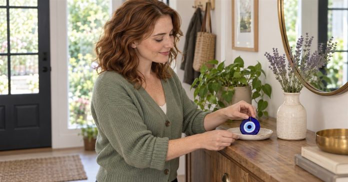 Woman arranging a blue eye-shaped decorative charm on a dish in a home entryway