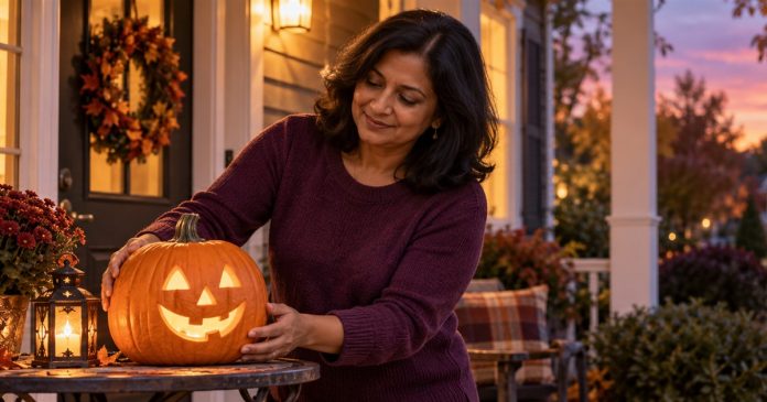A woman arranging a friendly jack-o’-lantern on her home porch at dusk.