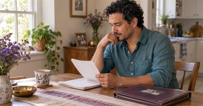Man reviewing notes beside a family photo album at a home kitchen table