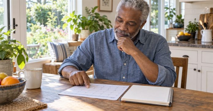 Prediction timing — reviewing a calendar Man comparing a paper calendar and notebook at his home kitchen table.