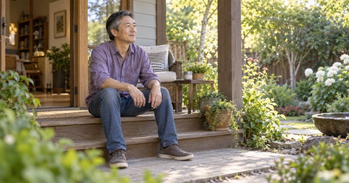 A man sitting quietly on a home porch overlooking a garden.