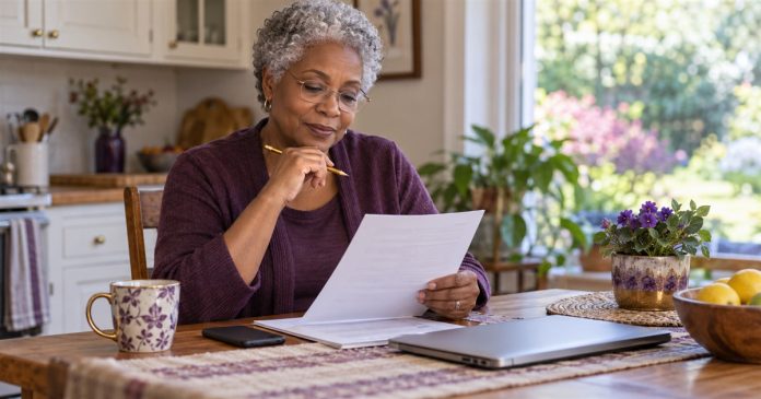 A woman calmly reviewing a printed checklist at her kitchen table.